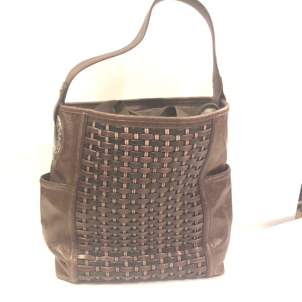Vtg Brighton Brown Woven Leather Large Satchel